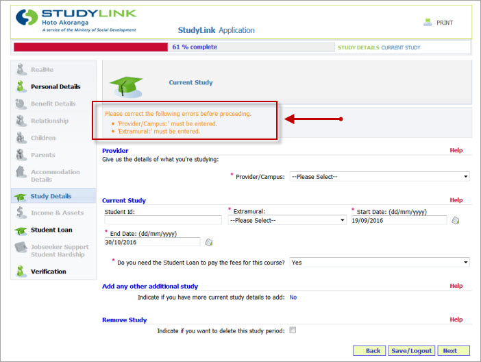 Help completing an online application - StudyLink